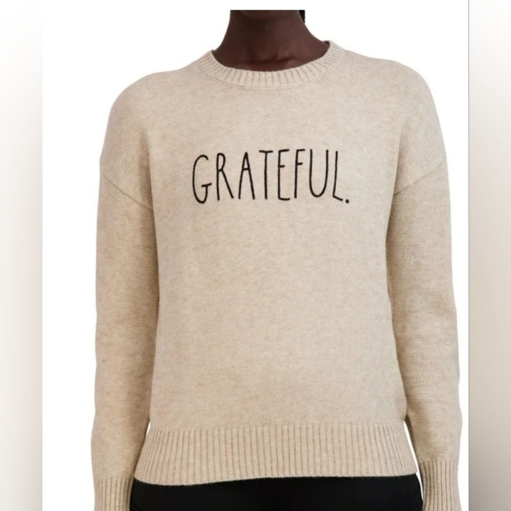 Rae Dunn GRATEFUL Knit Embroidered Soft Sweater Crew Neck Pullover Long Sz.M